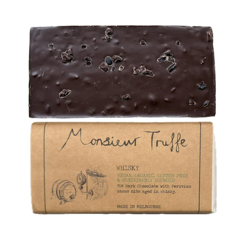 Monsieur Truffe 70% Dark Chocolate with Whiskey and Nibs Bar | 90g